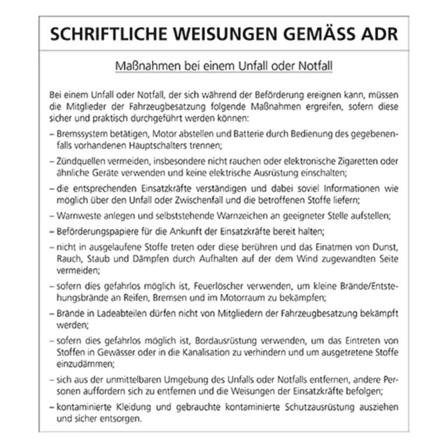 10er Pack Schriftliche Weisungen gemäß ADR Verhaltensregeln LKW Güterverkehr