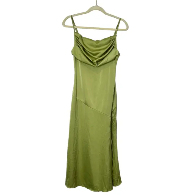 Fiemaoves Sage Green Silky Satin Maxi Slip Dress Draped Cowl Neck High Slit XS