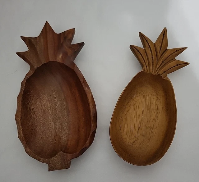 WOODEN PINEAPPLE TRINKET BOWL (SPOON HOLDER) WOOD HAND CARVED Set of 2