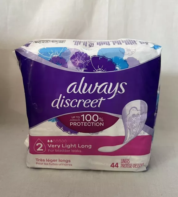 ALWAYS Discreet Liners For Bladder Leaks ~#2 Very Light Long ~ 44 Liners