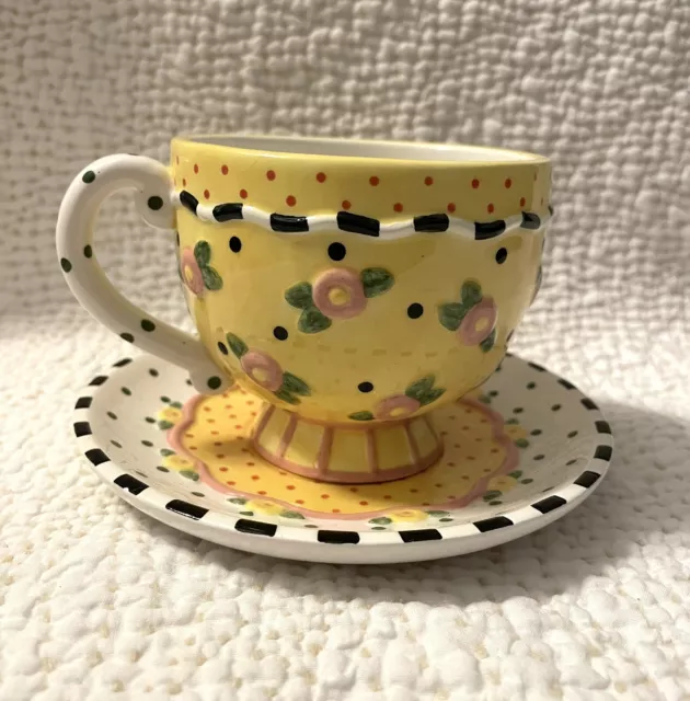 Mary Engelbreit Rhapsody Tea Cup & Saucer Flowers Floral Yellow White 2001 Vtg