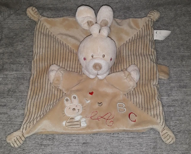 Doudou plat lapin rayé beige ABC attache tétine NICOTOY en TBE