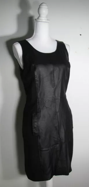 Kensie Black vegan black leather with cloth side panels bodycon tank dress M