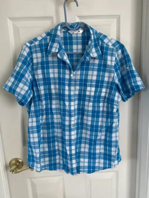 Riders By Lee Women's Button Down Cotton Blue Plaid Short Sleeve Shirt- Size : L