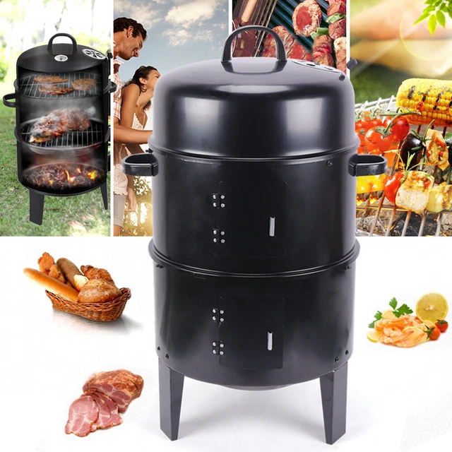 3 en 1 BBQ GRILLE FUMOIR BARBECUE WAGON AU CHARBON DE BOIS SMOKER 40*80cm
