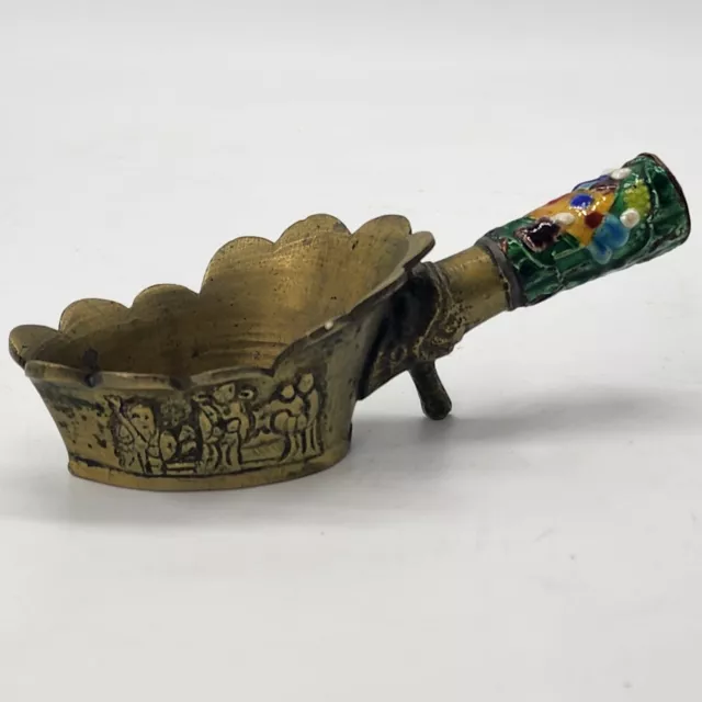 Vintage Chinese Cloisonne Brass Silk Iron Coal Pan Enamel Handle Dragon Floral