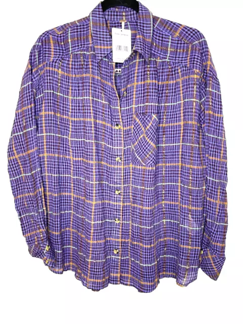 Free People Break My Stride Plaid Button Up Shirt Violet Combo Womens Size XS