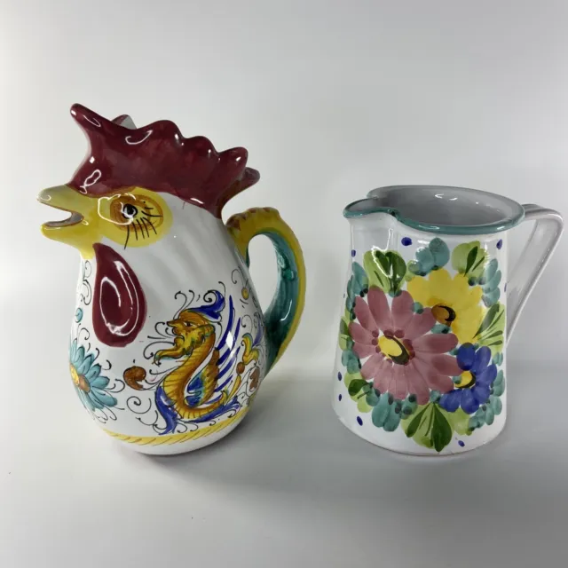 Set Of 2 Vintage ceramic Rooster pitcher Flower Pitcher Made in Italy Cute Defor