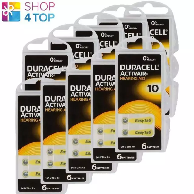 60 Duracell Activair Hearing Aid Batteries Taille 10 Zinc Air 1.45V Mercury Free
