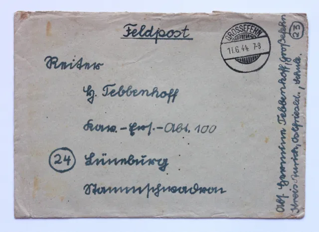 Feldpostbrief 1944 von Großefehn Kr. Aurich an Kavallerie-Ers. Abt. 100 Lüneburg