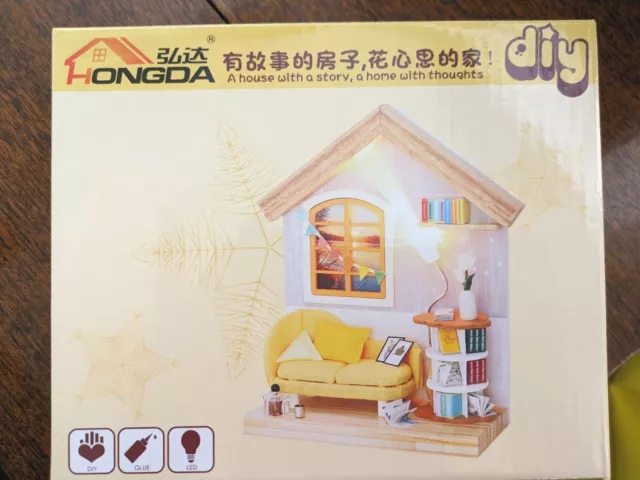 Hongda DIY Doll Bedroom Couch Bookshelf W/ LED Lights Box Room