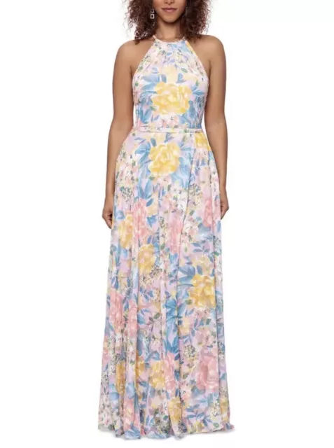 Betsy & Adam Womens Pink Floral Print Maxi Halter Evening Dress Gown 6