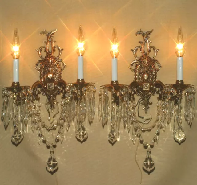 2 Vintage Bronze Brass Crystal lamp Sconce ROCOCO French Spain Dining room decor