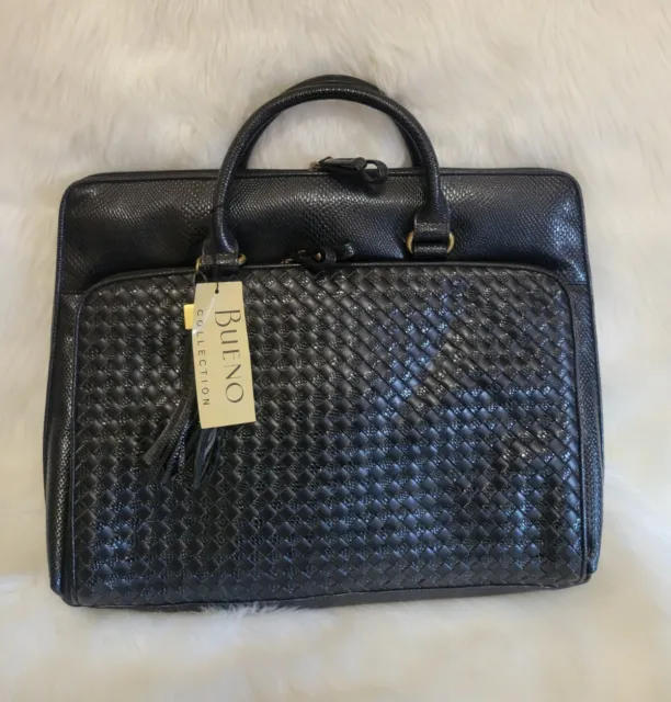 Vintage Bueno Collection Black Woven Faux Leather LAPTOP TOTE Bag Line Purse NWT