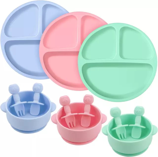 12 Pack Silicone Baby Suction Plates Baby Bowls Baby Feeding Set with Spoon Fork