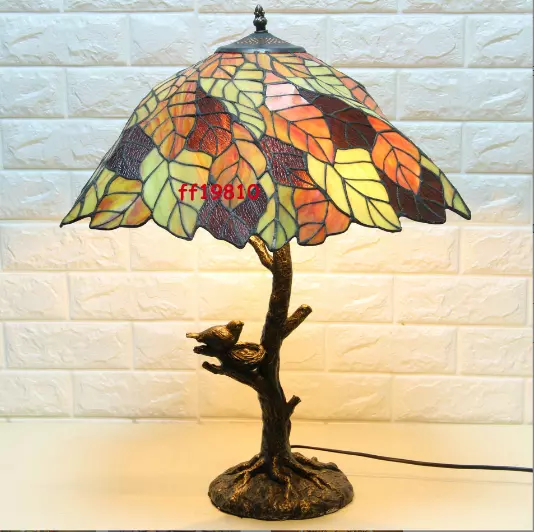 Tiffany Style Vintage Table Lamp Leaves Stained Glass Desk Light 25" Tall