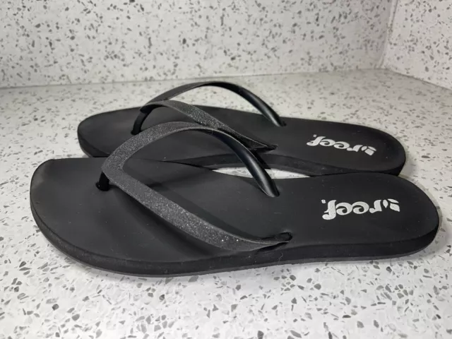 Reef Womens Sz 8-9 Shoes Black Glitter Thong Flip Flop Comfort Foam Sandals