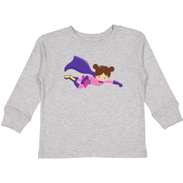 Inktastic Superhero Girl, Brown Hair, Purple Cape, Toddler Long Sleeve T-Shirt