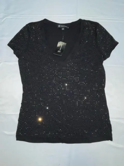 MSRP $50 International Concepts Stud-Detail T-Shirt Black Size XS (DEFECT)