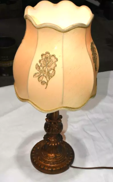 Vintage Table Lamp - Unusual Carved Wooden Base - Lovely Shade w/ Lace Flowers