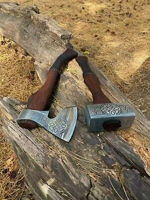 2pcs Set - Viking Axe  Viking Hammer , Mjolnir Hammer, Hand Forged Corban Steel