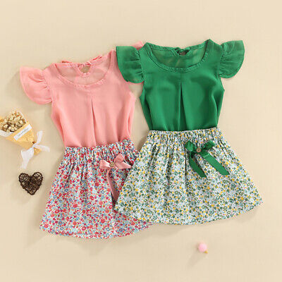 Toddler Baby Girls Clothes Set Outfits Chiffon Flying Sleeve Top Floral Skirt