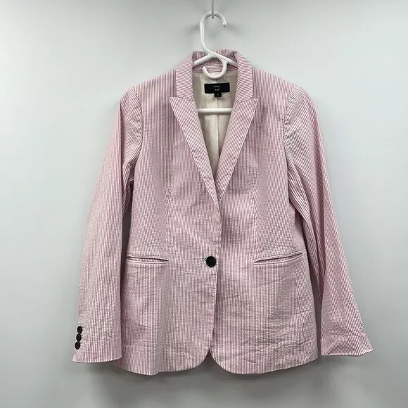 J. Crew Striped Seersucker Single Breasted Blazer Jacket Preppy Pink 6