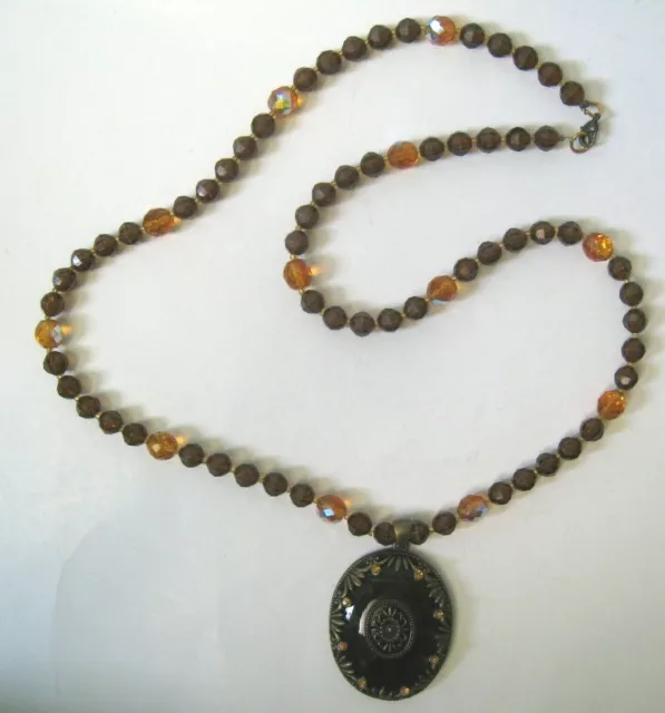 Vintage Lucite Tortoise Pendant on Faceted Beaded Necklace