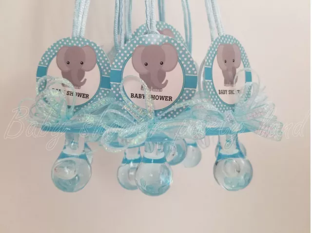 12 Elephant Pacifier Necklaces Baby Shower Favors Blue It's a Boy Games Prizes