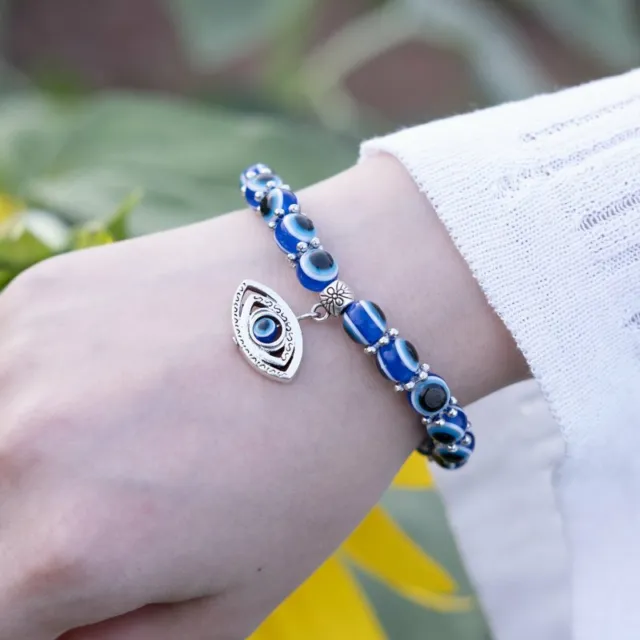 Blue Evil Eye Turkish Beads Hamsa Bracelet Crystal Blessed Women Men Jewelry