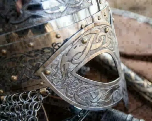 Helmet Medieval Viking Vendel Steel Etched Helmet with Chain mail
