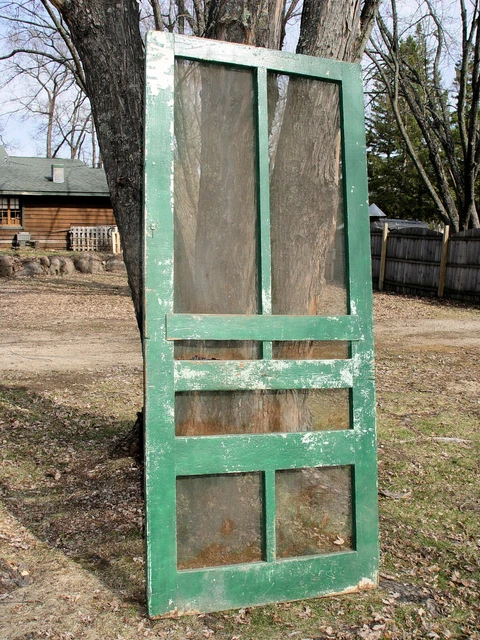 Vintage 1930s Green Painted Wooden Mortised Screen Door 6
