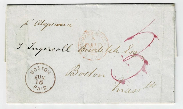 1874 Boston PAID cancel in magenta on incoming cover from England
