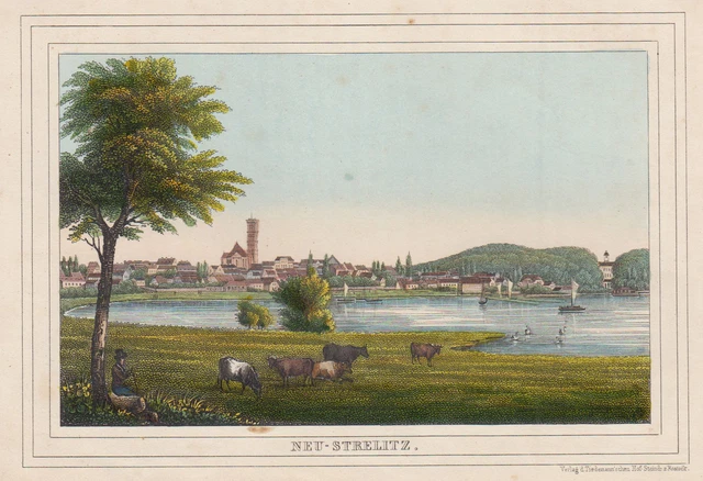 Neustrelitz Vista General Original Litografía Tiedemann 1845