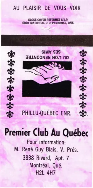 Montreal Quebec Canada Premier Club Au Quebec Vintage Matchbook Cover