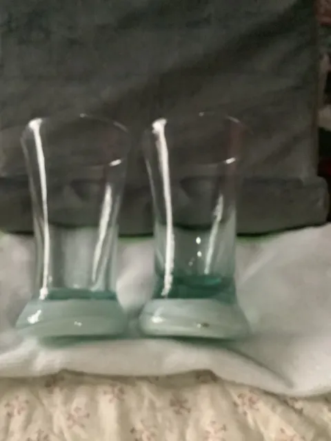 Vintage Hand Blown  Green Glass Vases / Drinking Vessels/Pair  With Heavy Bases