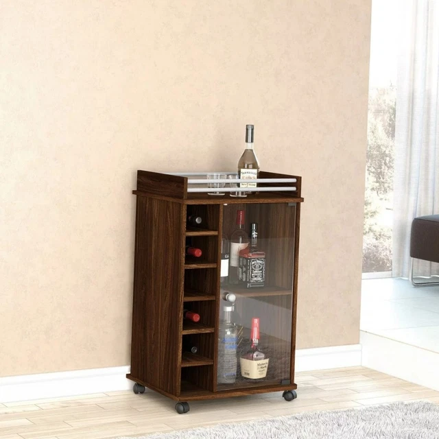 Home Bar Brown Wood Furniture Mini Cart Unit Liquor Pub Cabinet Wine Rack Table