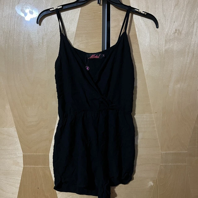 Motel Women Romper Small Black Spaghetti Strap Clinch V Neck Lightweight Shorts