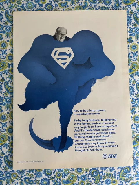 Vintage 1969 AT & T Long Distance Telephone Print Ad Blue Superman