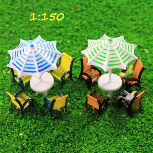 TYS40150 2 Sets Model Train Sun Umbrella Parasols Leisure Chairs Bench Settee N