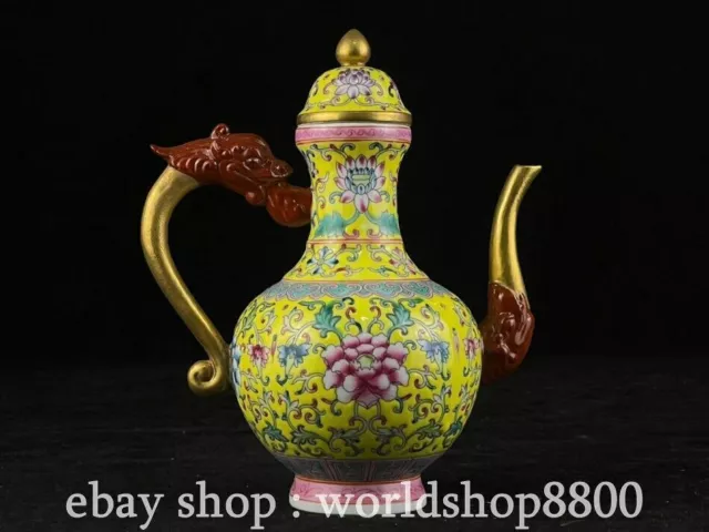 7" Yongzheng Chinese Colour enamels Gilt Porcelain Flower Dragon handle Kettle