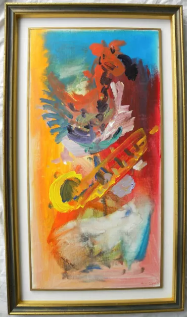 Ernesto TRECCANI (Milano 1920-2009) IL GALLO e LA TROMBA OLIO su TELA 90x45 1996