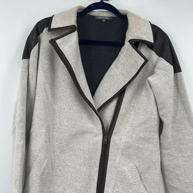 MICHAEL STARS Knit Moto Jacket Ivory Tweed w Leather Trim Zip Up Small 3