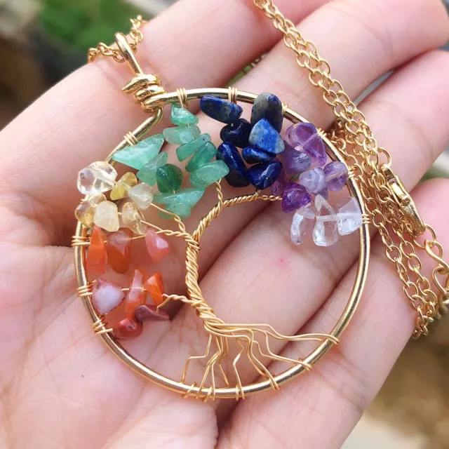 7 Charka Gem Stone Tree Of Life Water-Drop Necklace Chakra Reiki Healing Amulet