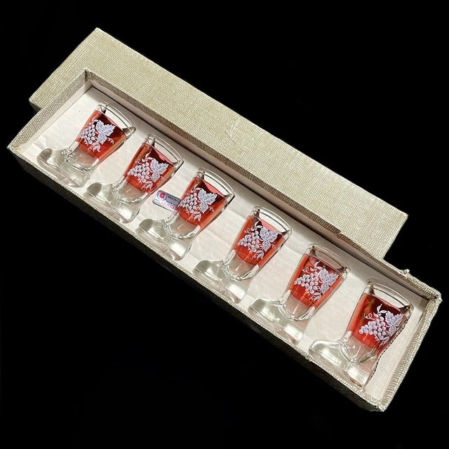 VINTAGE 1950S LUBIANA Kristrall Italy Cranberry Boot Shot Glasses Grape