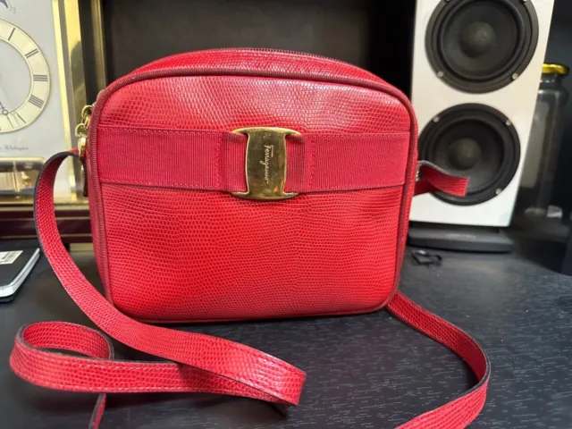 Vintage Salvatore Ferragamo Vara Bow Crossbody in Red Embossed Leather