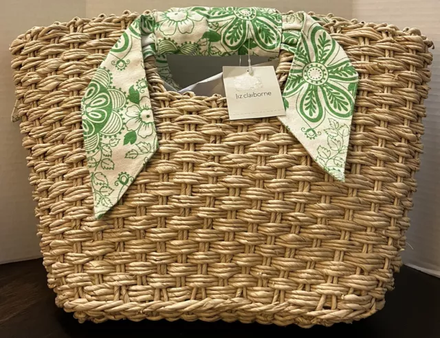 Liz Claiborne Wicker Straw Purse Bag Green Cloth Lining & Bow NEW W/ Tags NWT