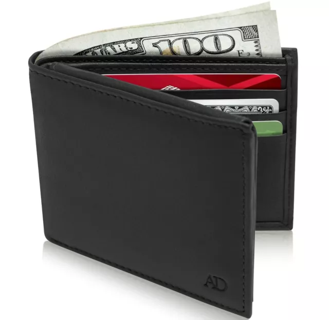 Genuine Leather Slim Bifold Mens Wallet With Flip-Up ID Window RFID Blocking