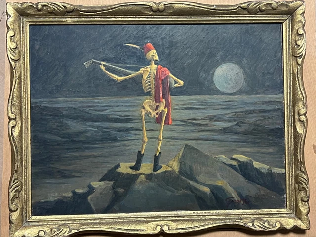 tableau surréaliste 1970 squelette guitare au clair de lune Vanité signature