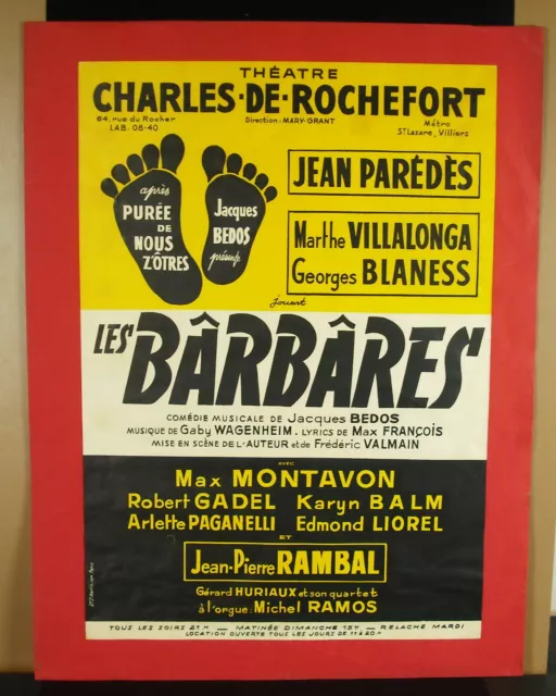 Cartel c1950 Villalonga Jean Paredes Los Barbarians Teatro Charles Rochefort